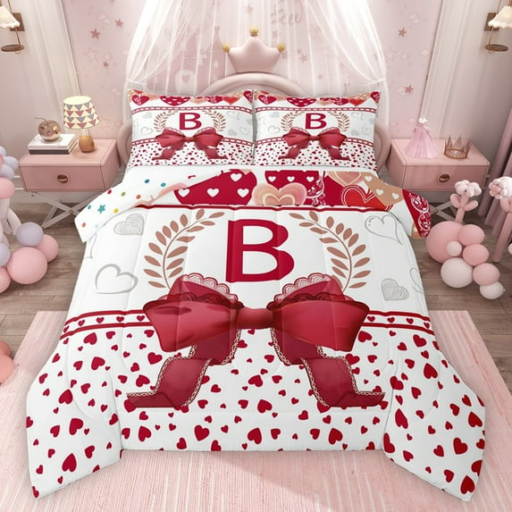 Castle Fairy Boys Girls Letter Monogrammed B Full Size Comforter Sets 3-Piece,Kawaii Red Bow Bedding Comforter Set,Love Heart Print Lightweight Bedding Sets,Super Cozy Room Decor,Reversible