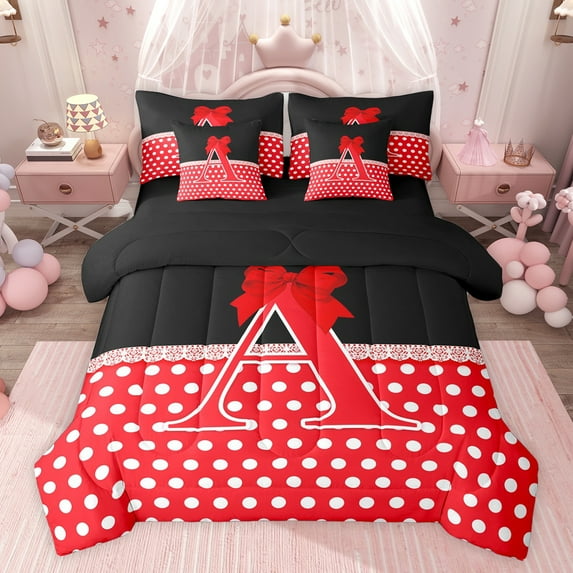 Castle Fairy Boys Girls Letter Monogrammed Bow A Bedding Comforter Set 7-Piece,Geometric Polka Dots King Bedding Sets,Dreamy Princess Ultra Soft Bed Sheets,Super Cozy Room Decor,Reversible