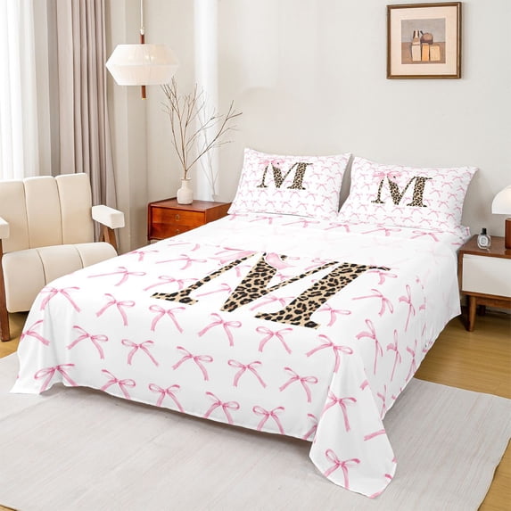 Castle Fairy Boys Girls Letter Monogrammed M 4 Pieces Queen Sheet Sets,Kawaii Pink Bow Ultra Soft Flat Sheet,Animal Leopard Print Queen Fitted Sheet,Breathable Home Decor