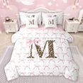 thumbnail image 1 of Castle Fairy Boys Girls Letter Monogrammed M Bedding Comforter Set 7 Pieces,Kawaii Pink Bow Full Bedding Set Lightweight,Animal Leopard Print Fitted Sheet Flat Sheet,Breathable Home Decor,Reversible, 1 of 8