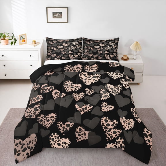 Castle Fairy Boys Girls Love Heart Print Bedding Comforter Set 2pcs,Leopard Print Twin Comforter Sets Microfiber,Valentine's Day Festival Breathable Bedding Set,Breathable Home Decor,Reversible
