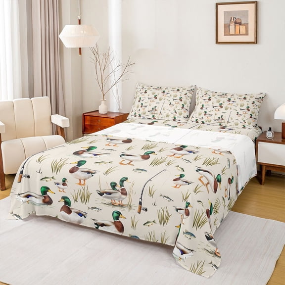 Castle Fairy Boys Girls Mallard Duck 4 Pieces Queen Sheet Sets,Fishing And Hunting Ultra Soft Flat Sheet,Jungle Animal Queen Fitted Sheet,Microfiber Bedroom Decor