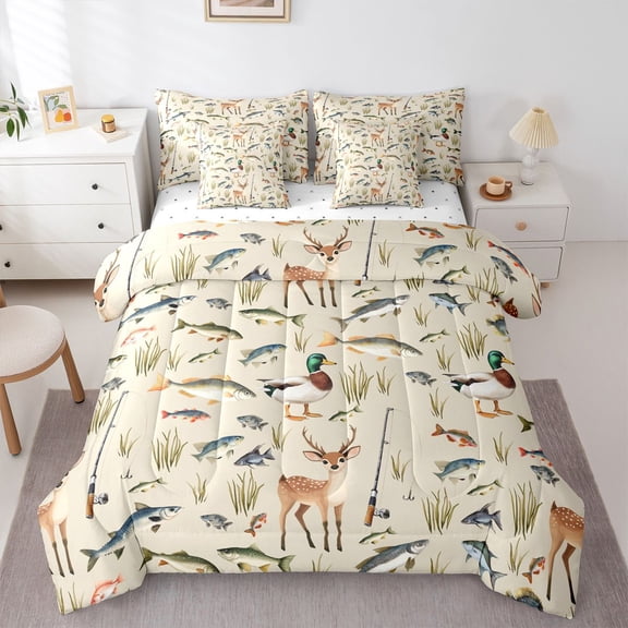 Castle Fairy Boys Girls Mallard Duck Deer Bedding Comforter Set 7-Piece,Fishing And Hunting King Bedding Sets,Jungle Animal Ultra Soft Bed Sheets,Microfiber Bedroom Decor,Reversible