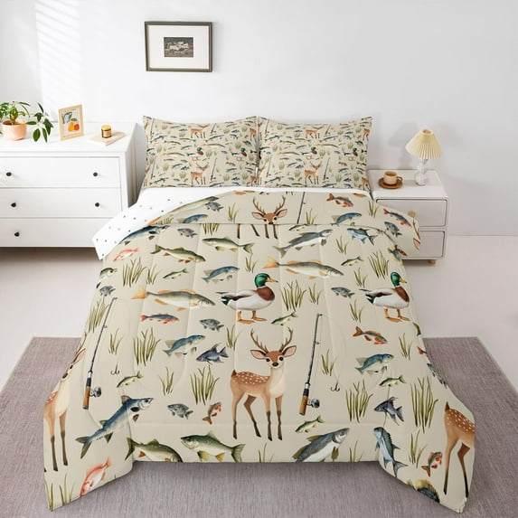 Castle Fairy Boys Girls Mallard Duck Deer Full Size Comforter Sets 3-Piece,Fishing And Hunting Bedding Comforter Set,Jungle Animal Lightweight Bedding Sets,Microfiber Bedroom Decor,Reversible