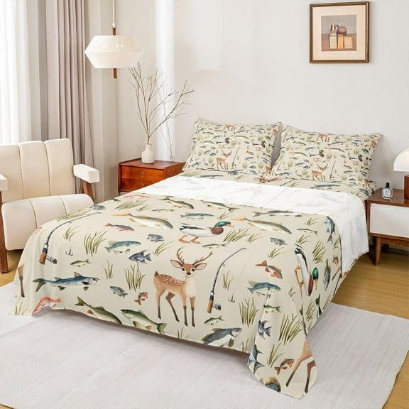 Castle Fairy Boys Girls Mallard Duck Deer Twin Sheet Sets 3pcs,Fishing And Hunting Twin Fitted Sheet Microfiber,Jungle Animal Breathable Flat Sheet,Microfiber Bedroom Decor
