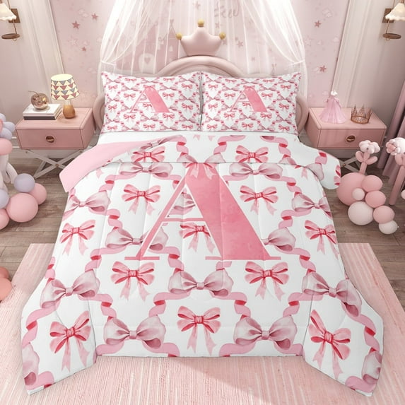 Castle Fairy Boys Girls Personalized Initial A Bedding Comforter Set 2pcs,Kawaii Pink Ribbon Bow Twin Comforter Sets Microfiber,Abstract Geometric Plaid Checkered Breathable Bedding Set