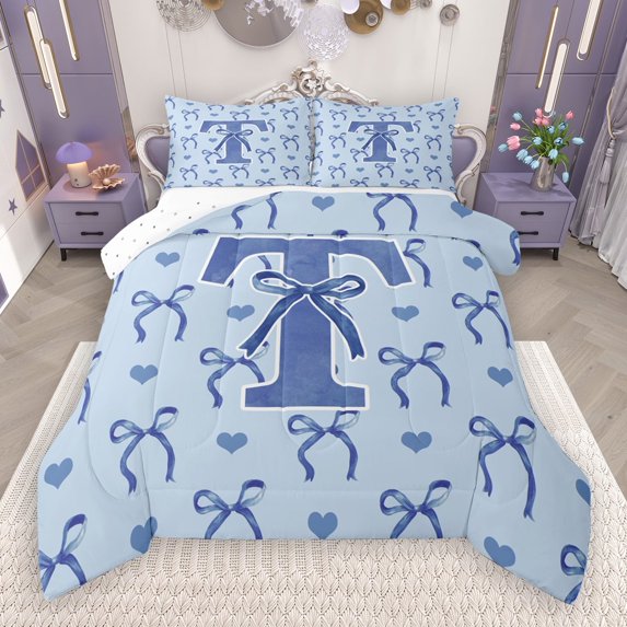 Castle Fairy Boys Girls Personalized Initial Letter T 2Pcs Bedding Comforter Set,Love Heart Print Twin Comforter Sets,Cartoon Bowknot Breathable Bedding Set,Microfiber Bedroom Decor