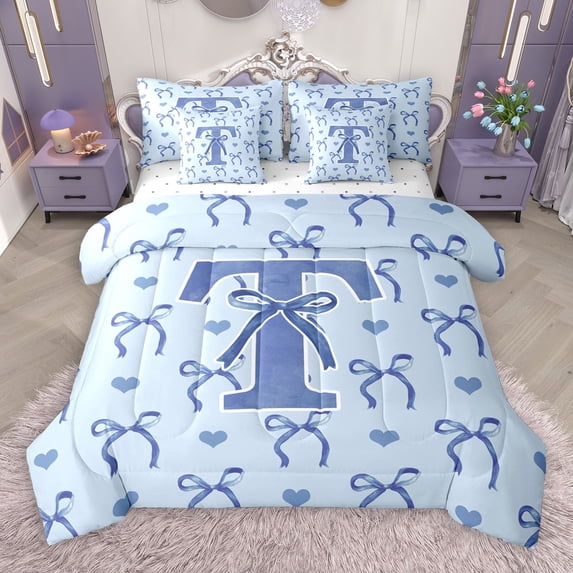 Castle Fairy Boys Girls Personalized Initial Letter T 7 Pieces Bedding Comforter Set,Love Heart Print Full Bedding Set Lightweight,Cartoon Bowknot Fitted Sheet Flat Sheet,Microfiber Bedroom Decor