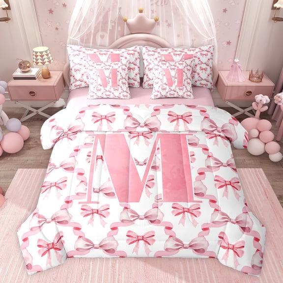 Castle Fairy Boys Girls Personalized Initial M Twin Bedding Sets 7-Piece,Kawaii Pink Ribbon Bow Bedding Comforter Set Microfiber,Abstract Geometric Plaid Checkered Breathable Sheet Sets