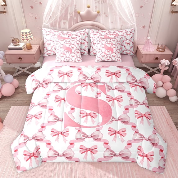 Castle Fairy Boys Girls Personalized Initial S Twin Bedding Sets 7-Piece,Kawaii Pink Ribbon Bow Bedding Comforter Set Microfiber,Abstract Geometric Plaid Checkered Breathable Sheet Sets