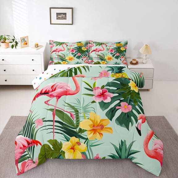 Castle Fairy Boys Girls Pink Flamingo Twin Comforter Sets,Tropical Flowers Bedding Set