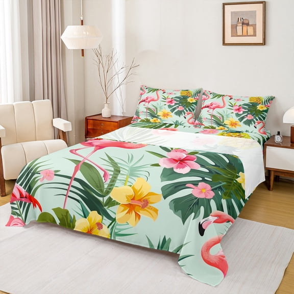 Castle Fairy Boys Girls Pink Flamingo Twin Sheet Sets,Tropical Flowers Bedding