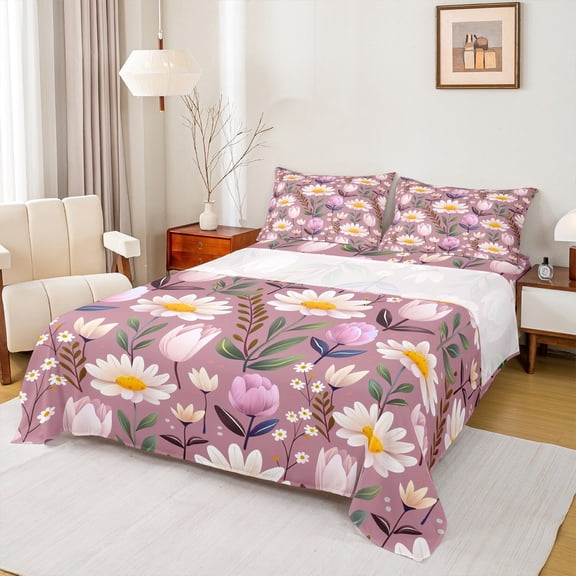 Castle Fairy Boys Girls Pink Flower Bed Sheets,Floral Leaves King Sheets