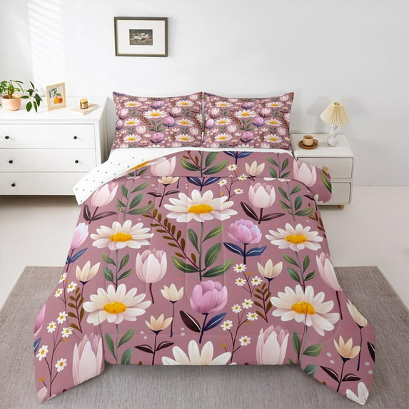 Castle Fairy Boys Girls Pink Flower Full Size Comforter Sets,Floral Leaves Bedding Sets