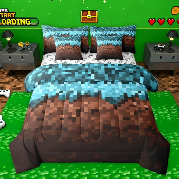 Castle Fairy Boys Girls Pixel Grid Miners Bedding Comforter Set 7 Pieces,Geometric Grid Patchwork Full Bedding Set Lightweight,Gamepad Camouflage Fitted Sheet Flat Sheet,Luxury Bedroom Decor