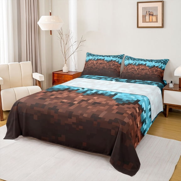 Castle Fairy Boys Girls Pixel Grid Miners Twin Sheet Sets 3pcs,Geometric Grid Patchwork Twin Fitted Sheet Microfiber,Gamepad Camouflage Breathable Flat Sheet,Luxury Bedroom Decor