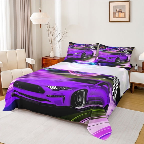 Castle Fairy Boys Girls Purple Car Twin Sheet Sets,Checkered Flag Bedding