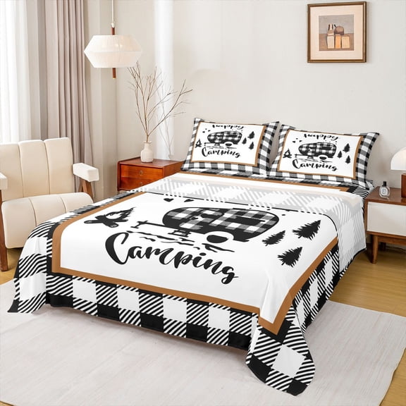 Castle Fairy Boys Girls RV Car Twin Sheet Sets 3pcs,Geometric Plaid Grid Twin Fitted Sheet Microfiber,Happy Camping Adventure Breathable Flat Sheet,Lightweight Room Decor