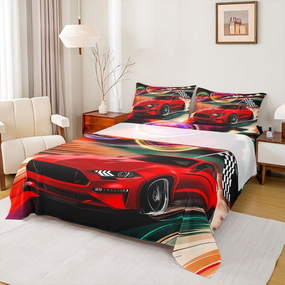 Castle Fairy Boys Girls Red Car Twin Sheet Sets,Checkered Flag Bedding