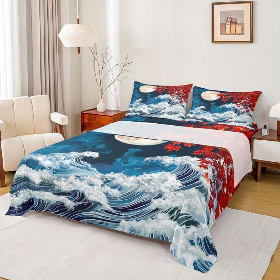 Castle Fairy Boys Girls Red Maple Leaves Twin Sheet Sets,Japanese Style Bedding