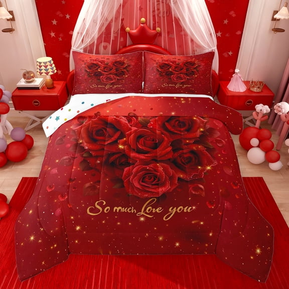 Castle Fairy Boys Girls Romantic Floral Red Rose Bedding Comforter Set 2pcs,Happy Valentine's Day Twin Comforter Sets Microfiber,Bling Gold Glitter Breathable Bedding Set,Luxury Bedroom Decor
