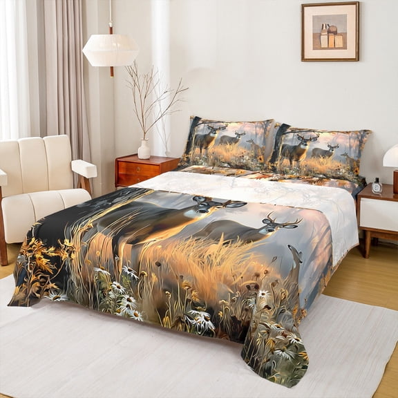 Castle Fairy Boys Girls Safari Deers Bed Sheets,Woodland Animal King Sheets