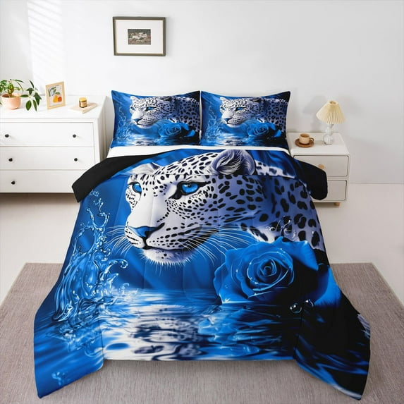 Castle Fairy Boys Girls Safari Leopard 3 Pieces Queen Comforter Set,Chic Floral Rose Ultra Soft Bedding Sets,Flower Animal Cheetah Bedding Comforter Set Breathable,Microfiber Bedroom Decor