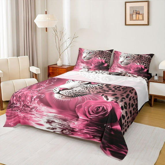 Castle Fairy Boys Girls Safari Leopard Full Size Sheets 4-Piece,Chic Floral Rose Breathable Bed Sheets,Flower Animal Cheetah Lightweight Sheet Sets,Microfiber Bedroom Decor