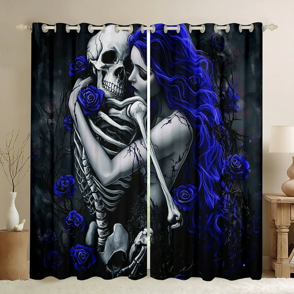 Castle Fairy Boys Girls Skeleton Couple Lover Black Out Curtains,Happy Valentine's Day Curtains Pack of 2 (42x63 Each),Chic Floral Rose Bedroom Curtains,Super Cozy Room Decor