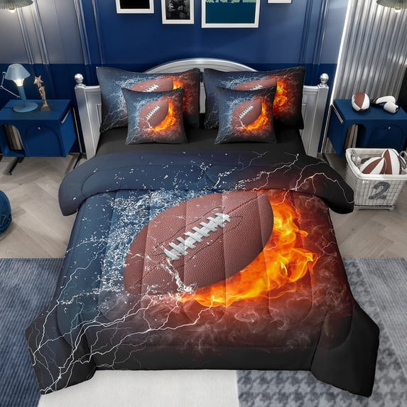 Castle Fairy Boys Girls Sport Football Bedding Comforter Set 7 Pieces,Abstract Gradient Lightning Full Bedding Set Lightweight,Ball Gamer Rugby Fitted Sheet Flat Sheet,Breathable Home Decor