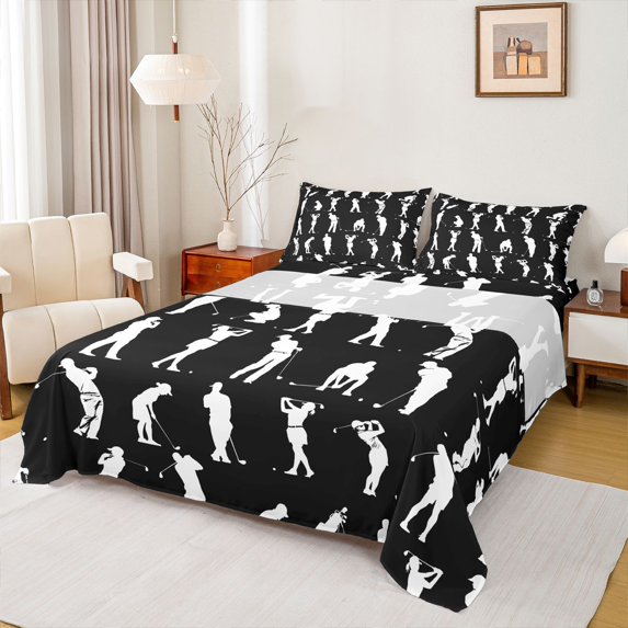 Castle Fairy Boys Girls Sport Golf Full Size Sheets 4-Piece,Ball Gamer Breathable Bed Sheets,Black White Lightweight Sheet Sets,Luxury Bedroom Decor