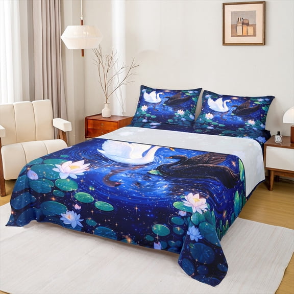 Castle Fairy Boys Girls Swan Couple Twin Sheet Sets 3pcs,Chic Nature Floral Lotus Twin Fitted Sheet Microfiber,Romantic Valentine's Day Breathable Flat Sheet,Luxury Bedroom Decor