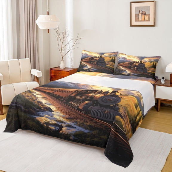 Castle Fairy Boys Girls Transportation Theme Train Twin Sheet Sets 3pcs,Railroad Railway Twin Fitted Sheet Microfiber,Steam Engine Breathable Flat Sheet,Microfiber Bedroom Decor
