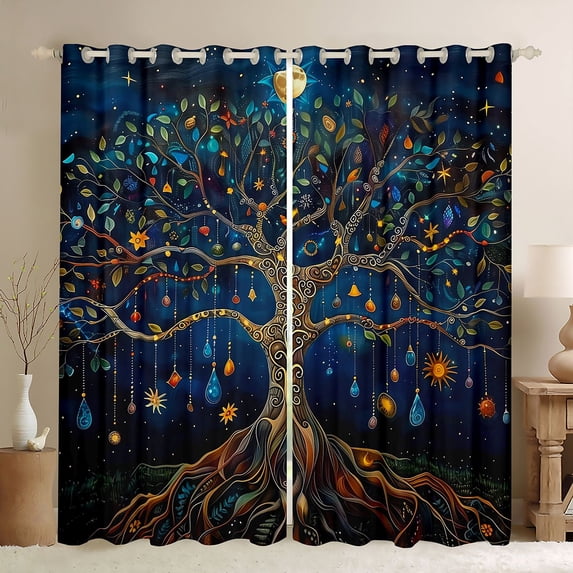Castle Fairy Boys Girls Tree Of Life Curtains Pack of 2 (42x84 Each),Bohemian Stars Moon Print Curtains Blackout,Boho Abstract Botanical Plants Bedroom Curtains,Lightweight Room Decor
