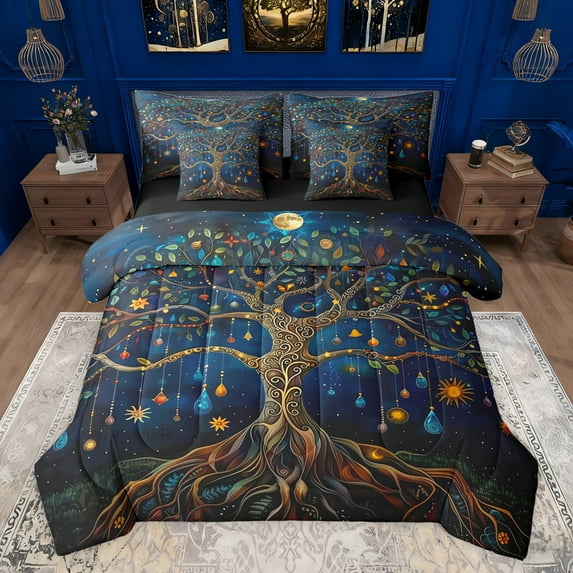Castle Fairy Boys Girls Tree Of Life Twin Bedding Sets 7-Piece,Bohemian Stars Moon Print Bedding Comforter Set Microfiber,Boho Abstract Botanical Plants Breathable Sheet Sets,Lightweight Room Decor