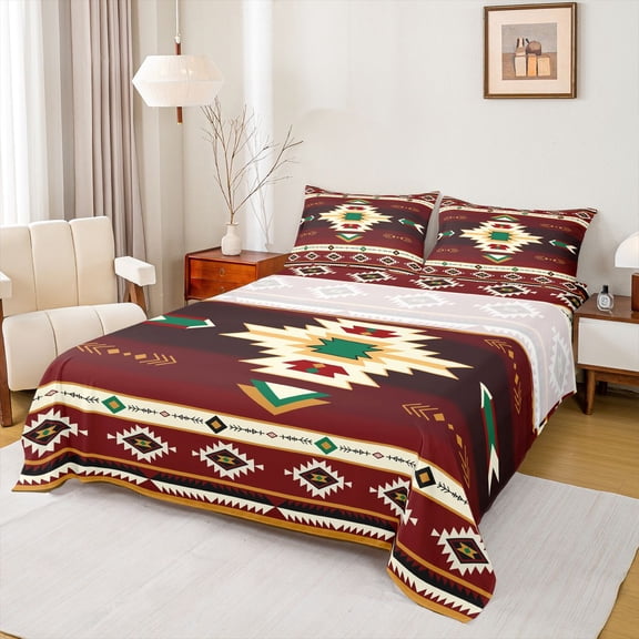 Castle Fairy Boys Girls Tribal Aztec 4 Pieces Queen Sheet Sets,Black Red Ultra Soft Flat Sheet,Bohemian Theme Queen Fitted Sheet,Super Cozy Room Decor