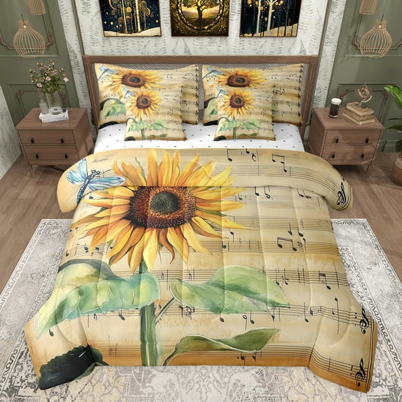 Castle Fairy Boys Girls Vintage Chic Floral Sunflower Bedding Comforter Set 7-Piece,Musical Notes Melody King Bedding Sets,Rustic Spring Garden Flower Ultra Soft Bed Sheets,Ultra Soft Home Decor