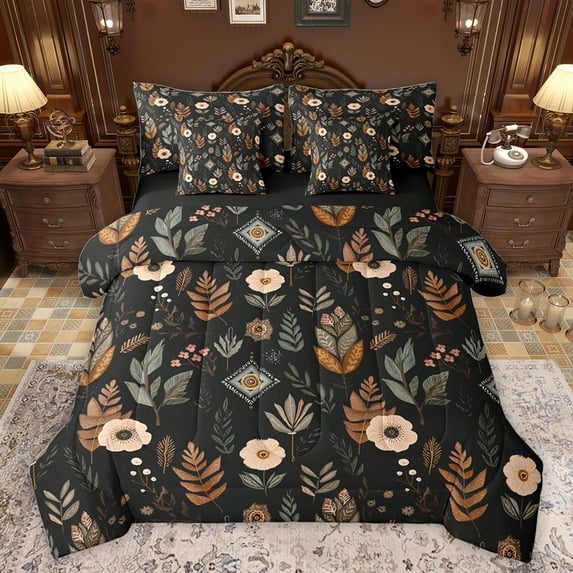 Castle Fairy Boys Girls Vintage Flowers Bedding Comforter Set 7 Pieces,Chic Floral Blossoms Full Bedding Set Lightweight,Retro Aesthetic Fitted Sheet Flat Sheet,Breathable Home Decor,Reversible