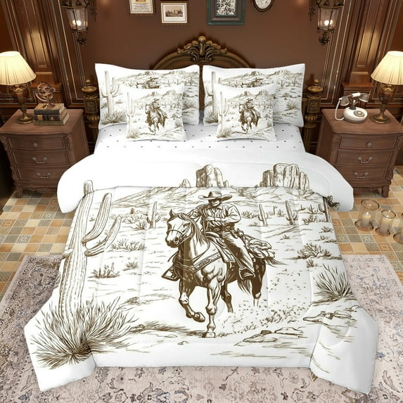 Castle Fairy Boys Girls Western Cowboys Twin Bedding Sets 7-Piece,Botanical Plants Desert Cactus Bedding Comforter Set Microfiber,Southwestern Vintage Aesthetic Breathable Sheet Sets