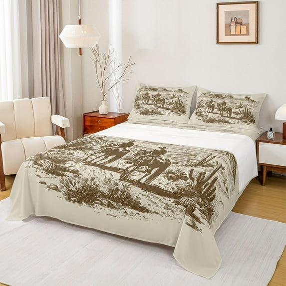 Castle Fairy Boys Girls Western Cowboys Twin Sheet Sets 3pcs,Botanical Plants Desert Cactus Twin Fitted Sheet Microfiber,Southwestern Vintage Aesthetic Breathable Flat Sheet,Lightweight Room Decor