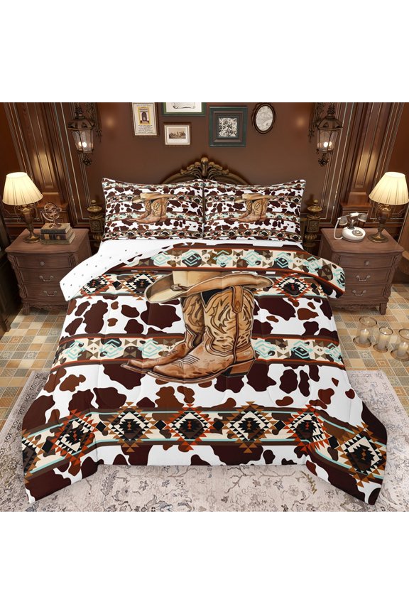 Boys Girls Western Cowgirl Boots Hat Bedding Comforter Set 2pcs,Cow Print Twin Comforter Sets Microfiber,Bohemian Tribal Aztec Breathable Bedding Set,Lightweight Room Decor,Reversible