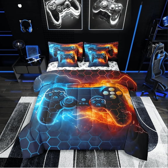 Castle Fairy Boys Gradient Gamepads 7pcs Bedding Comforter Set,Geometric Honeycomb Queen Bedding Sets Super Cozy,Abstract Lightning Queen Sheet Sets,Breathable Home Decor