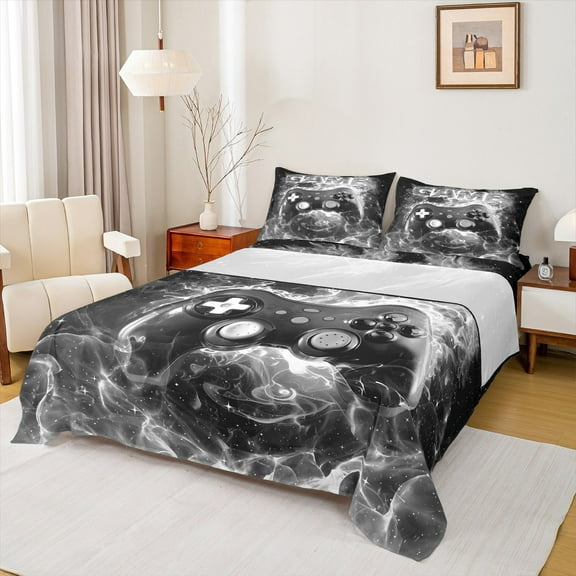 Castle Fairy Boys Gradient Gamer 3pcs Twin Sheet Sets,Video Game Twin Fitted Sheet,Black Grey Breathable Flat Sheet,Lightweight Room Decor
