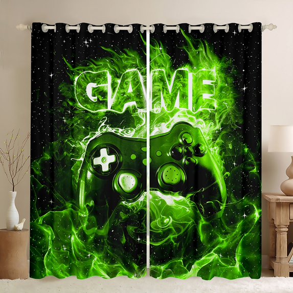Castle Fairy Boys Gradient Gamer Blackout Curtains Set of 2 (52x84 Each),Video Game Window Curtains,Black Green Curtains and Drapes,Lightweight Room Decor