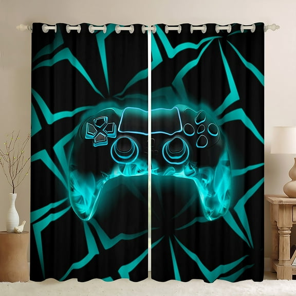 Castle Fairy Boys Gradient Gamer Curtains Pack of 2 (42x84 Each),Black Teal Curtains Blackout,Abstract Geometric Bedroom Curtains,Super Cozy Room Decor