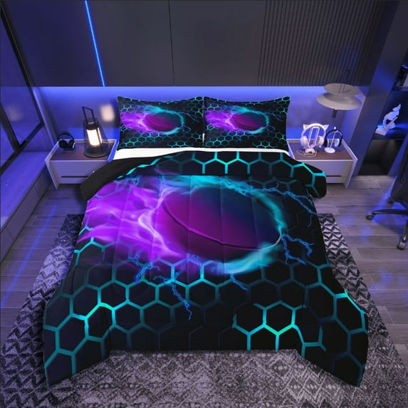 Castle Fairy Boys Ice Hockey 3pcs King Size Comforter Sets,Geometric Honeycomb Bedding Comforter Set,Abstract Lightning Super Cozy Bedding Set,Microfiber Sport Theme Bedroom Decor,Reversible