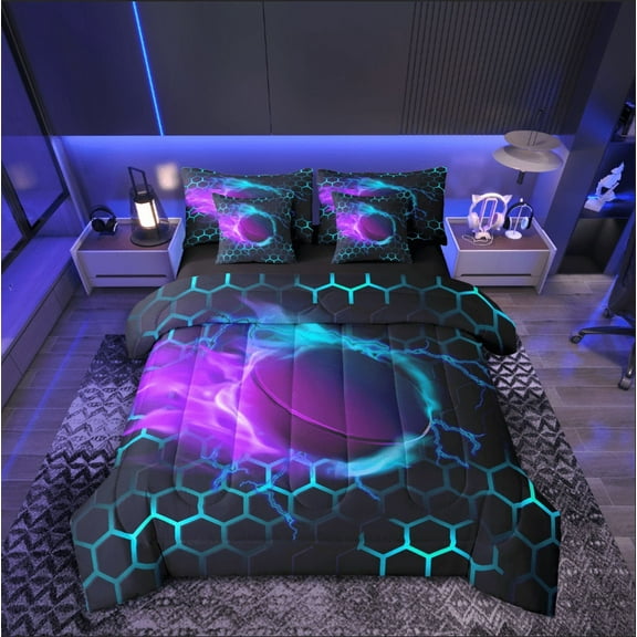 Castle Fairy Boys Ice Hockey 7pcs Bedding Comforter Set,Geometric Honeycomb Queen Bedding Sets Super Cozy,Abstract Lightning Queen Sheet Sets,Microfiber Sport Theme Bedroom Decor,Reversible