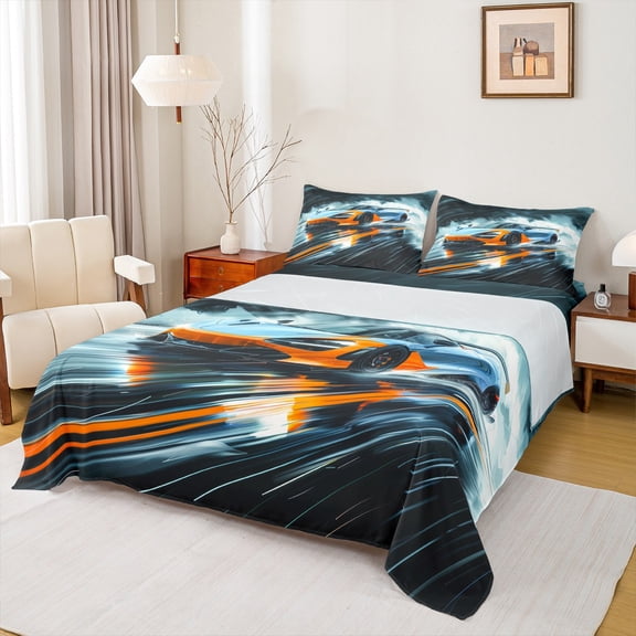 Castle Fairy Boys Orange Racing Car Twin Sheet Sets,Extreme Sport Bedding