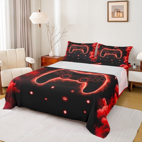 Castle Fairy Boys Red Gamer 4 Pieces Queen Sheet Sets,Galaxy Universe Ultra Soft Flat Sheet,Video Game Queen Fitted Sheet,Microfiber Bedroom Decor