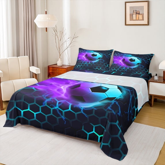 Castle Fairy Boys Soccer 4-Piece Queen Sheet Set: Geometric Honeycomb Abstract Lightning Sport Decor